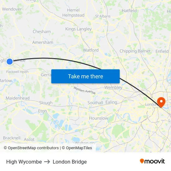 High Wycombe to London Bridge map