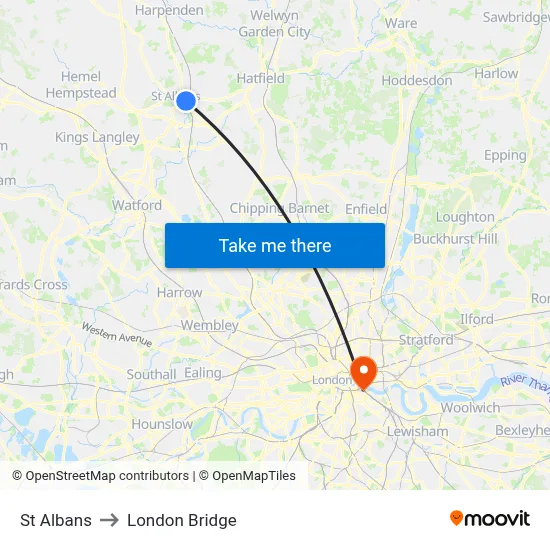 St Albans to London Bridge map