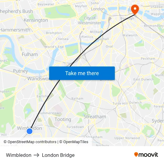 Wimbledon to London Bridge map