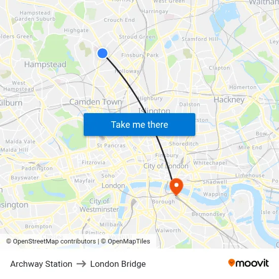 Archway Station to London Bridge map