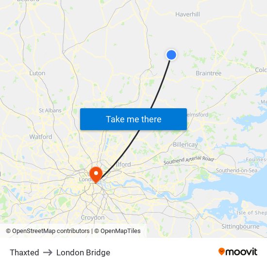 Thaxted to London Bridge map