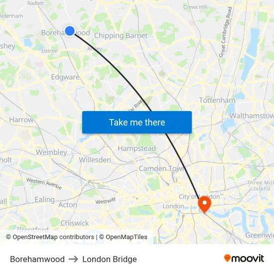Borehamwood to London Bridge map