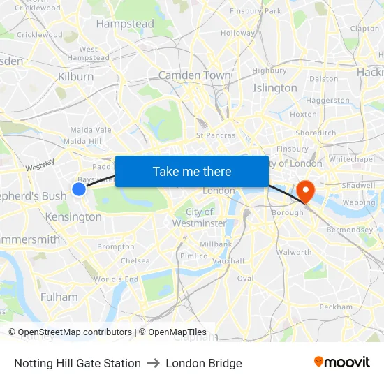 Notting Hill Gate Station to London Bridge map