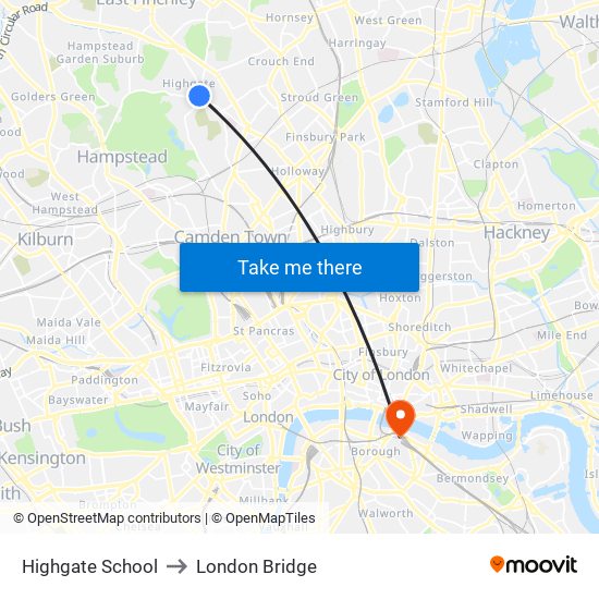 Highgate School to London Bridge map