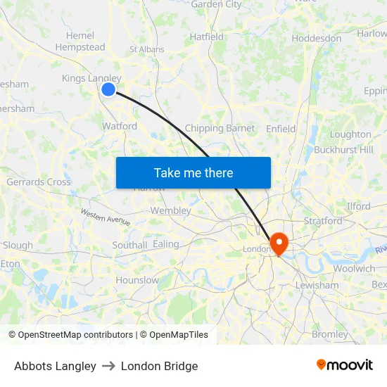 Abbots Langley to London Bridge map
