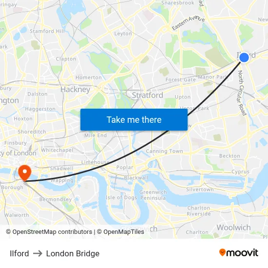 Ilford to London Bridge map