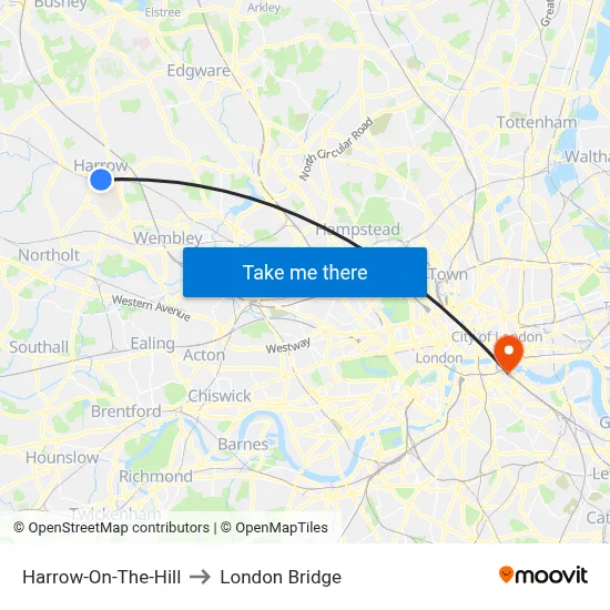 Harrow-On-The-Hill to London Bridge map
