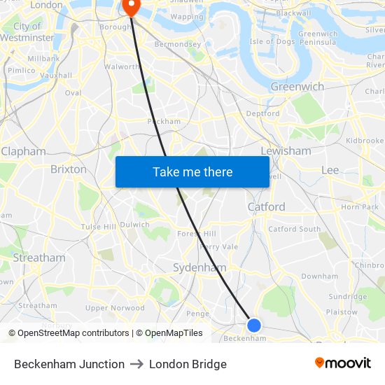Beckenham Junction to London Bridge map