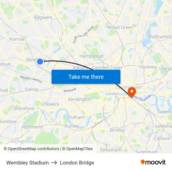 Wembley Stadium to London Bridge map