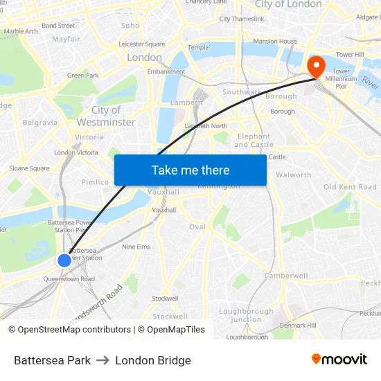 Battersea Park to London Bridge map