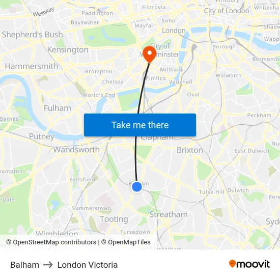 Balham to London Victoria map