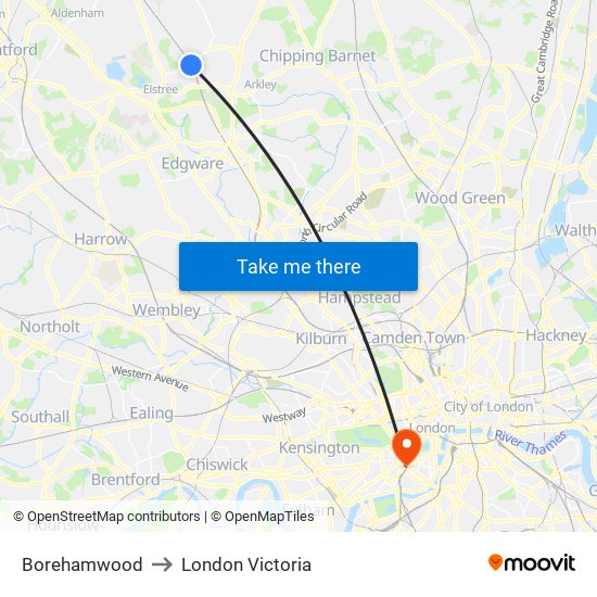 Borehamwood to London Victoria map