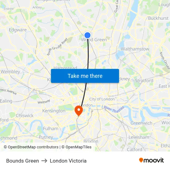 Bounds Green to London Victoria map