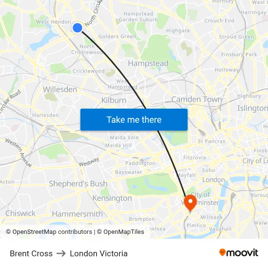 Brent Cross to London Victoria map