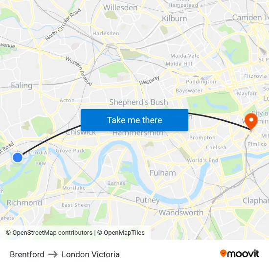 Brentford to London Victoria map