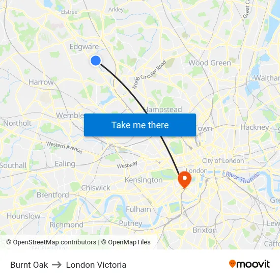 Burnt Oak to London Victoria map
