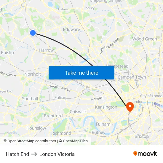 Hatch End to London Victoria map