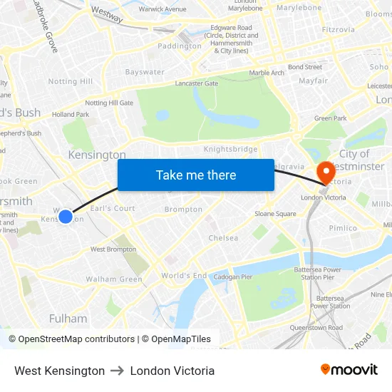 West Kensington to London Victoria map
