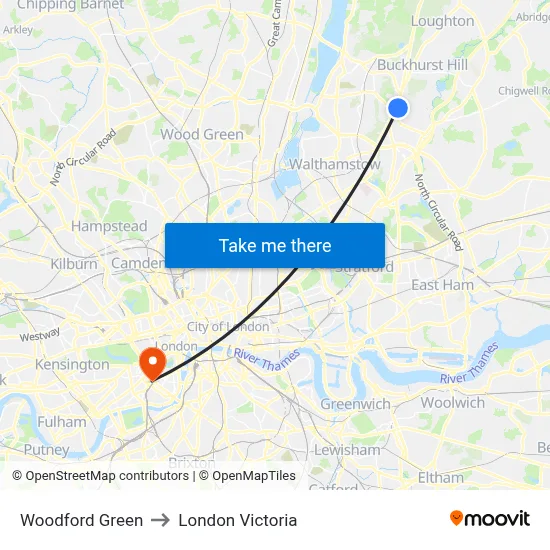 Woodford Green to London Victoria map