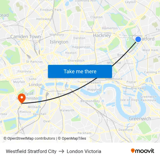 Westfield Stratford City to London Victoria map