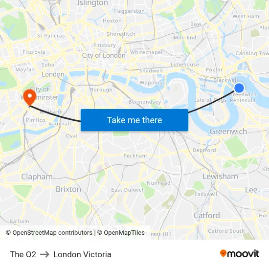 The O2 to London Victoria map