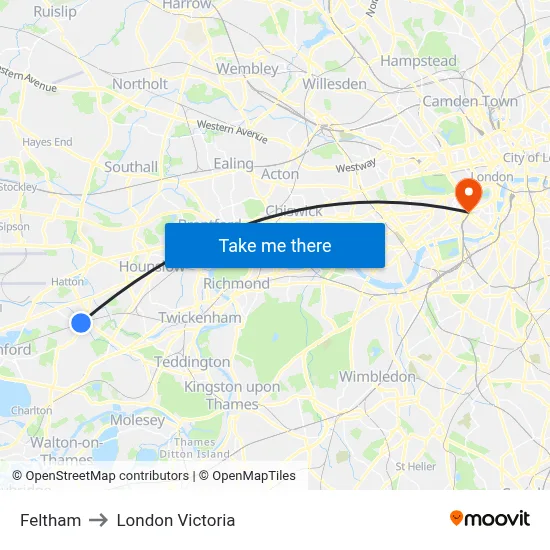 Feltham to London Victoria map