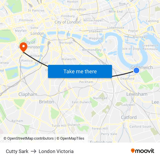 Cutty Sark to London Victoria map