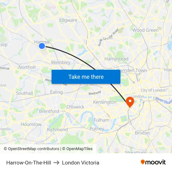 Harrow-On-The-Hill to London Victoria map