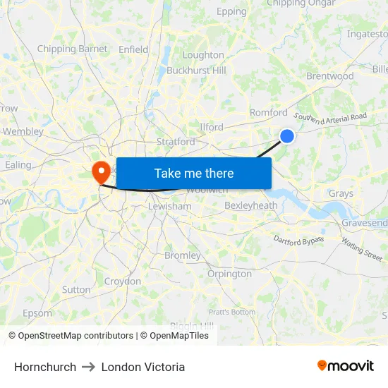 Hornchurch to London Victoria map