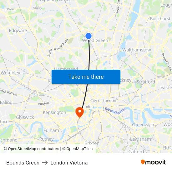 Bounds Green to London Victoria map