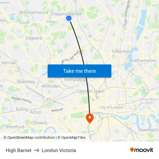 High Barnet to London Victoria map