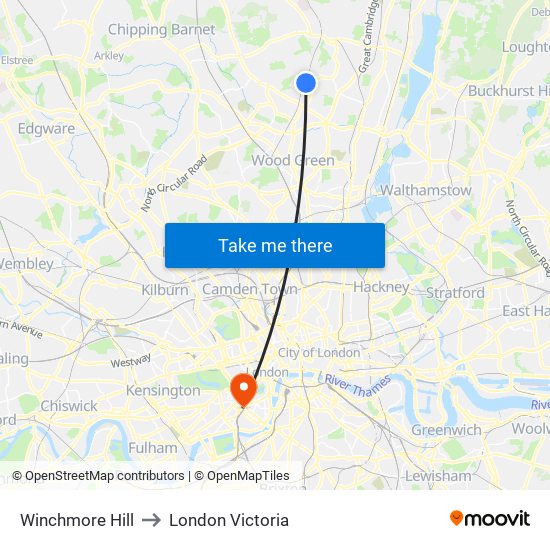 Winchmore Hill to London Victoria map