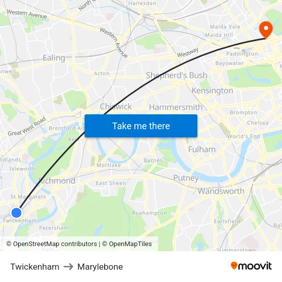 Twickenham to Marylebone map