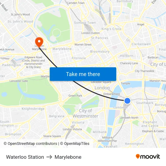 Waterloo Station to Marylebone map