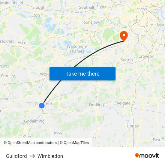 Guildford to Wimbledon map