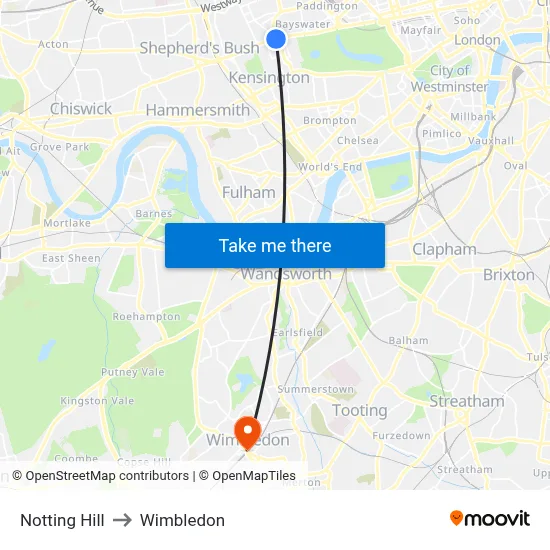 Notting Hill to Wimbledon map
