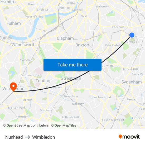 Nunhead to Wimbledon map