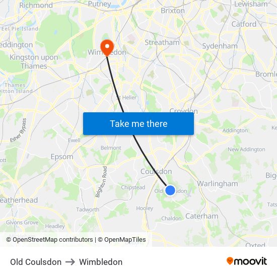 Old Coulsdon to Wimbledon map