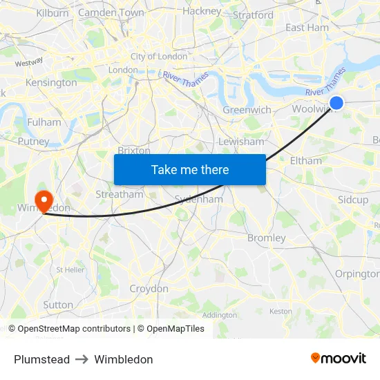 Plumstead to Wimbledon map