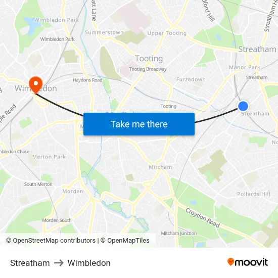 Streatham to Wimbledon map