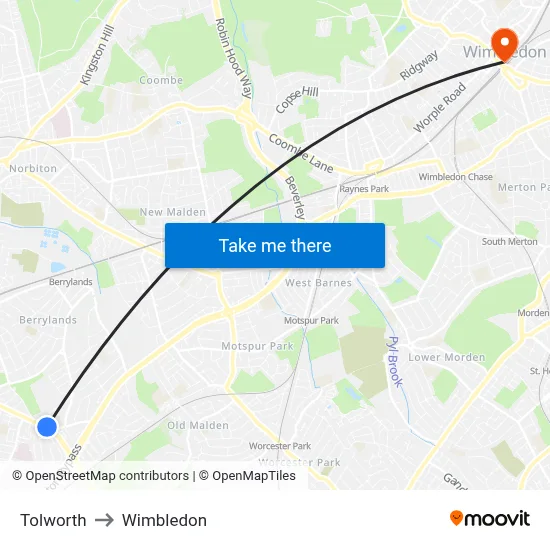 Tolworth to Wimbledon map