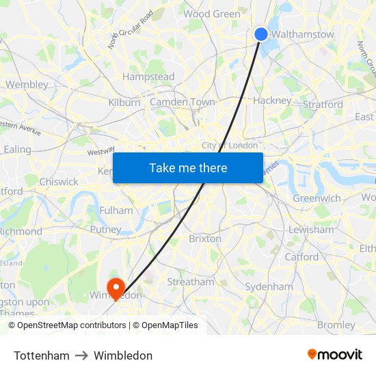 Tottenham to Wimbledon map