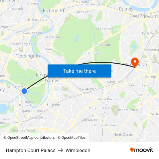 Hampton Court Palace to Wimbledon map
