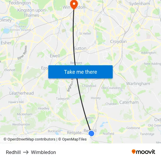 Redhill to Wimbledon map