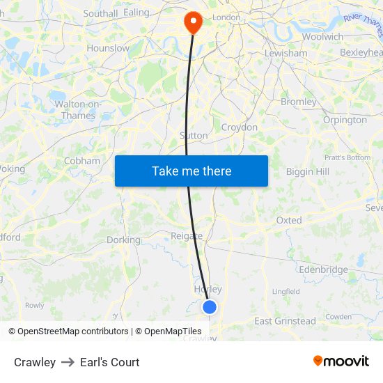 Crawley to Earl's Court map