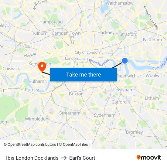 Ibis London Docklands to Earl's Court map