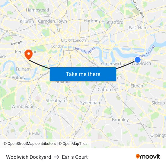Woolwich Dockyard to Earl's Court map
