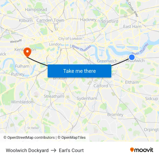 Woolwich Dockyard to Earl's Court map