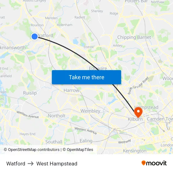 Watford to West Hampstead map