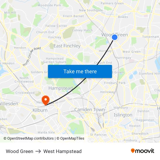 Wood Green to West Hampstead map